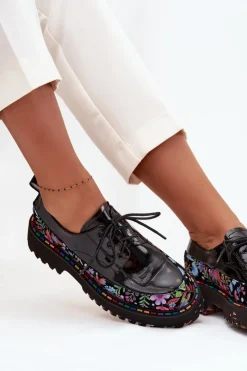 Damskie Artiker Lakierowane Półbuty Z Naturalnej Skóry Ze Wzorem 57C0174 Czarne