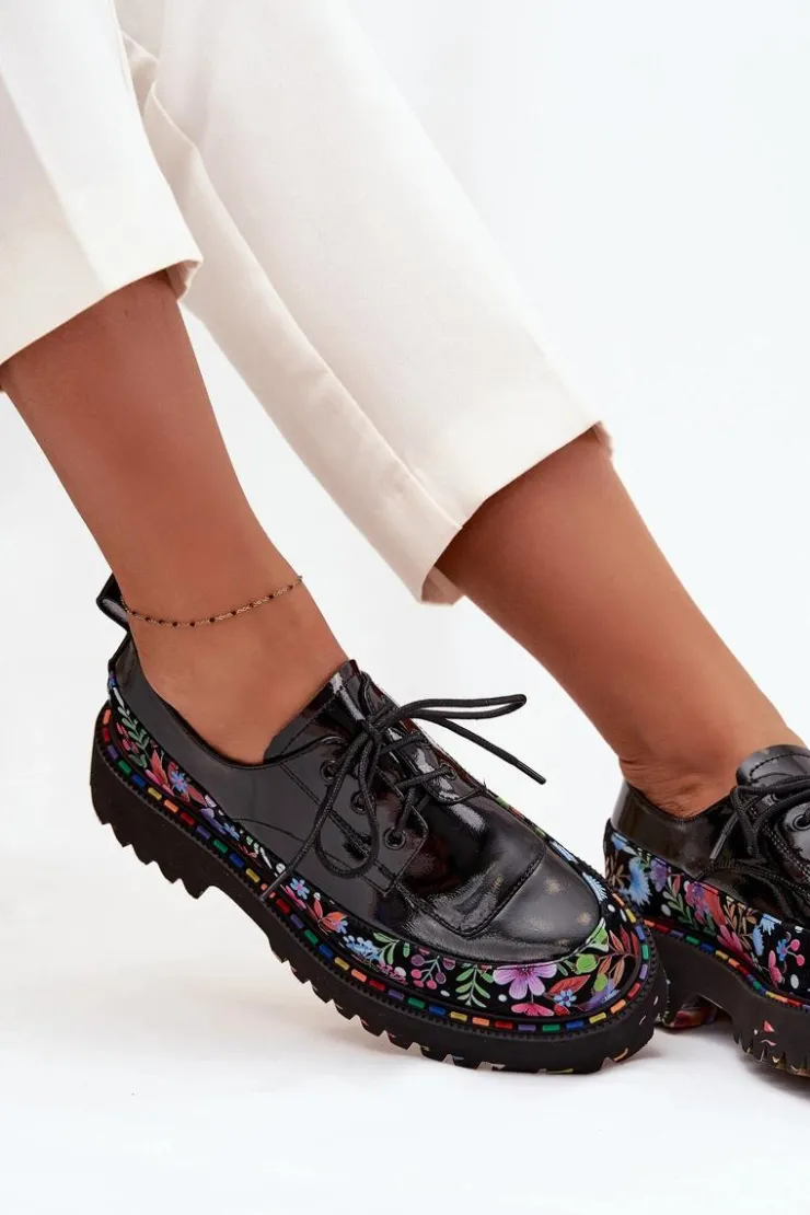 Damskie Artiker Lakierowane Półbuty Z Naturalnej Skóry Ze Wzorem 57C0174 Czarne