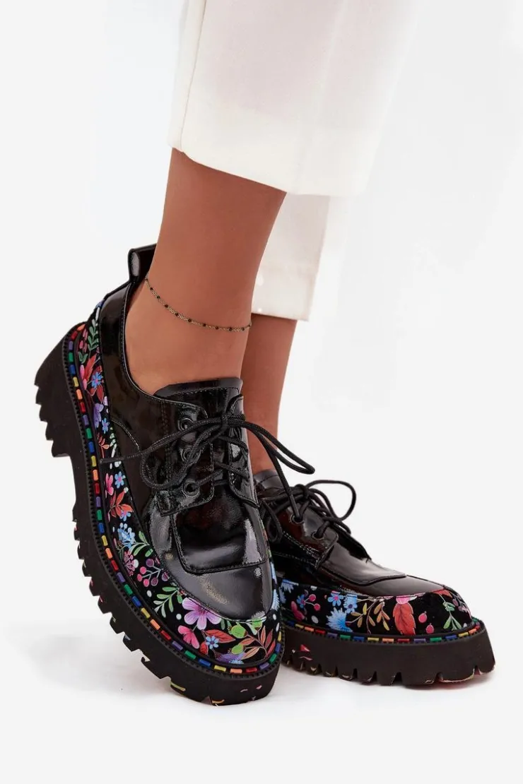 Damskie Artiker Lakierowane Półbuty Z Naturalnej Skóry Ze Wzorem 57C0174 Czarne