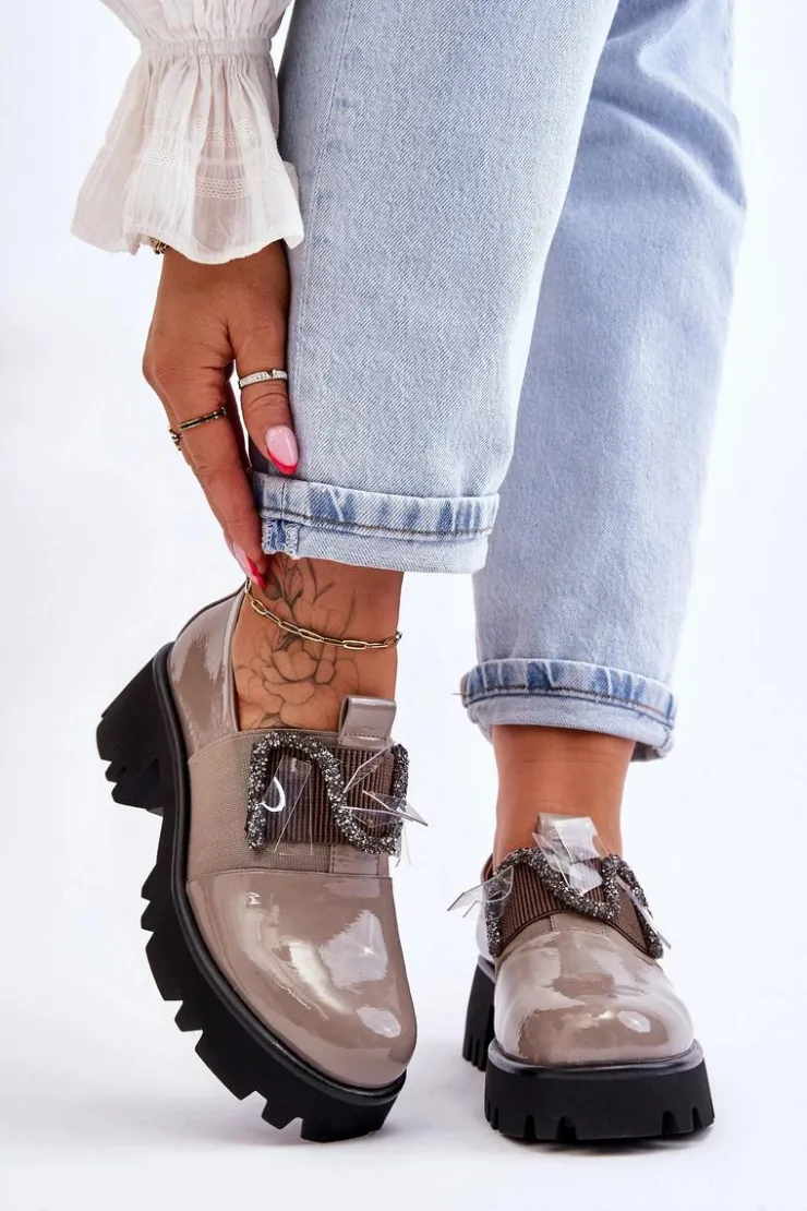 Damskie Damskie buty S.Barski Lakierowane Półbuty Z Ozdobami Szare Keily