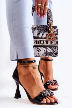 Damskie Boto Lakierowane Sandałki Na Obcasie Z Kryształkami Czarne Destiney