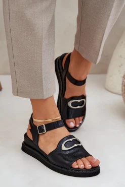 Damskie Boto Lakierowane Sandały Damskie Na Koturnie Z Ozdobą Czarne Salianes