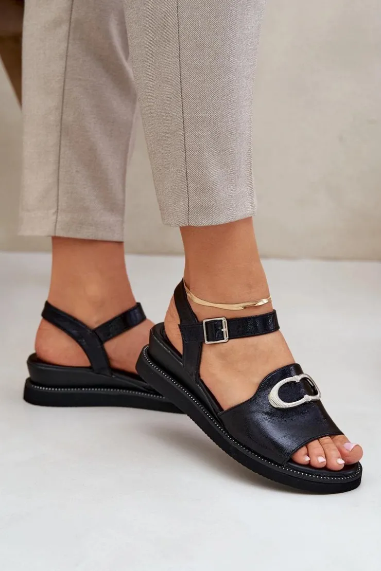 Damskie Boto Lakierowane Sandały Damskie Na Koturnie Z Ozdobą Czarne Salianes