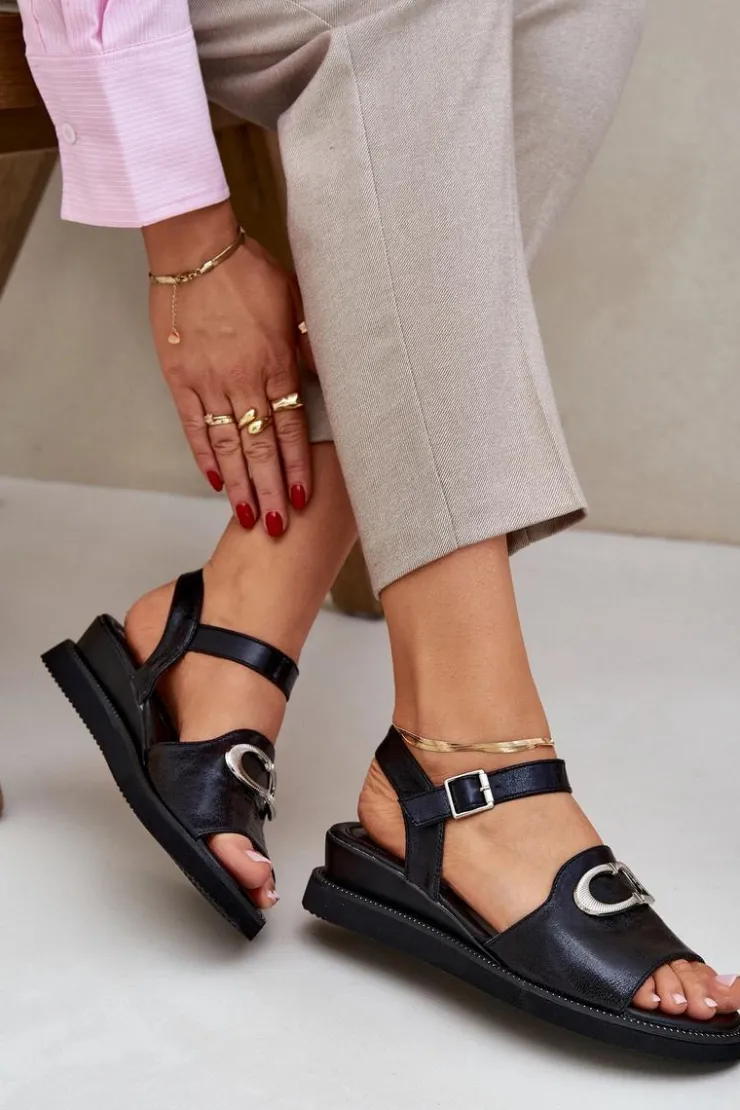 Damskie Boto Lakierowane Sandały Damskie Na Koturnie Z Ozdobą Czarne Salianes