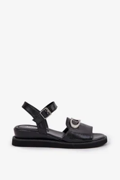 Damskie Boto Lakierowane Sandały Damskie Na Koturnie Z Ozdobą Czarne Salianes