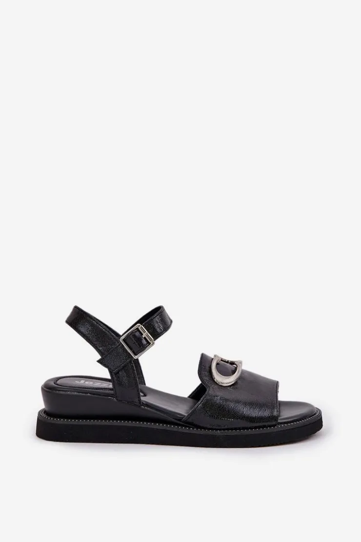 Damskie Boto Lakierowane Sandały Damskie Na Koturnie Z Ozdobą Czarne Salianes