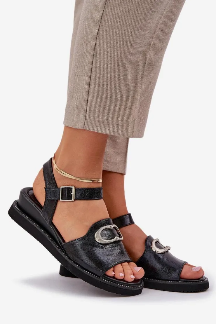 Damskie Boto Lakierowane Sandały Damskie Na Koturnie Z Ozdobą Czarne Salianes