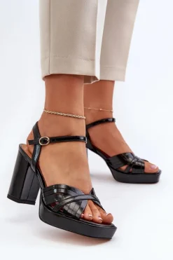 Damskie buty S.Barski Sandały Na Słupku|Sandały Na Obcasie*Lakierowane Sandały Damskie Na Słupku Czarne D&A MR38-668 Czarny