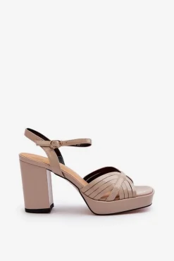 Online Damskie buty S.Barski Lakierowane Sandały Damskie Na Słupku Beżowe D&A MR38-668 Beżowy