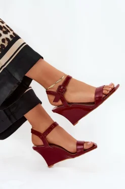 Boto Sandały Na Koturnie*Lakierowane Sandały Damskie Na Koturnie Bordowe Vliraya Czerwony