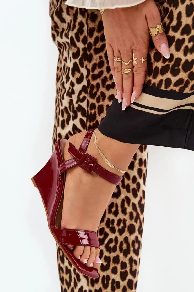 Boto Sandały Na Koturnie*Lakierowane Sandały Damskie Na Koturnie Bordowe Vliraya Czerwony