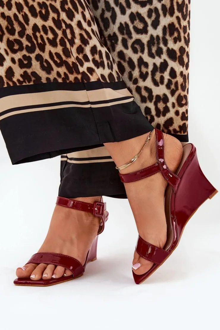 Boto Sandały Na Koturnie*Lakierowane Sandały Damskie Na Koturnie Bordowe Vliraya Czerwony