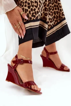 Boto Sandały Na Koturnie*Lakierowane Sandały Damskie Na Koturnie Bordowe Vliraya Czerwony