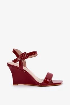Boto Sandały Na Koturnie*Lakierowane Sandały Damskie Na Koturnie Bordowe Vliraya Czerwony