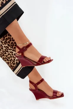 Boto Sandały Na Koturnie*Lakierowane Sandały Damskie Na Koturnie Bordowe Vliraya Czerwony