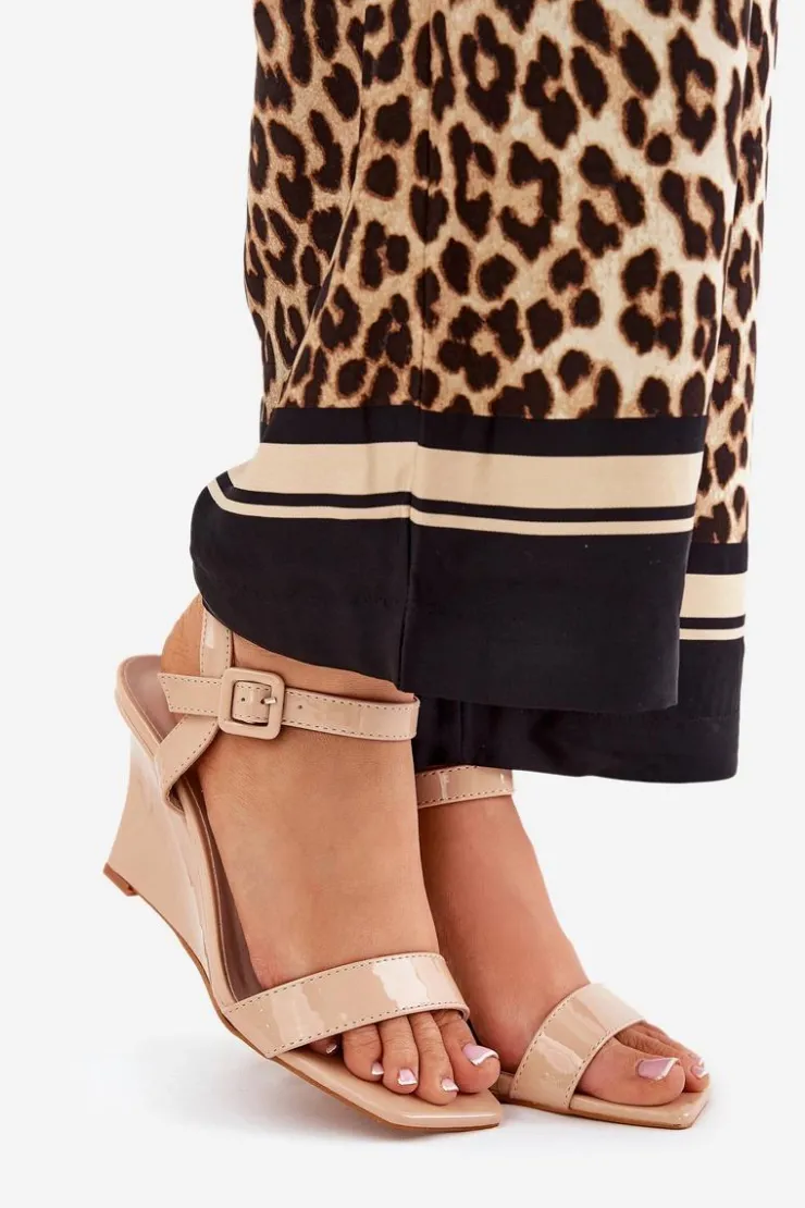 New Boto Lakierowane Sandały Damskie Na Koturnie Nude Vliraya Beżowy