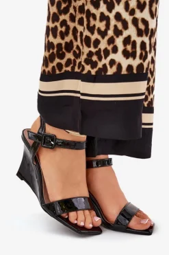 Damskie Boto Lakierowane Sandały Damskie Na Koturnie Czarne Vliraya