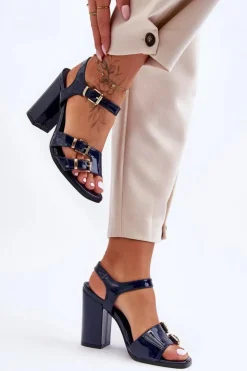 Boto Lakierowane Sandały Na Obcasie S.Barski 80-3 Granatowe