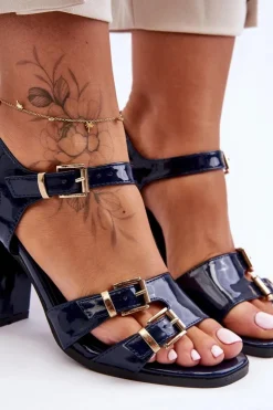 Boto Lakierowane Sandały Na Obcasie S.Barski 80-3 Granatowe