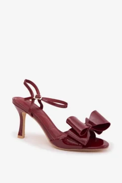Damskie Boto Lakierowane Sandały Na Szpilce Z Kokardą Bordowe Noliva