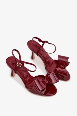 Damskie Boto Lakierowane Sandały Na Szpilce Z Kokardą Bordowe Noliva