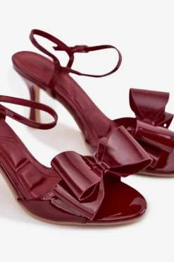 Damskie Boto Lakierowane Sandały Na Szpilce Z Kokardą Bordowe Noliva