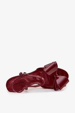 Damskie Boto Lakierowane Sandały Na Szpilce Z Kokardą Bordowe Noliva