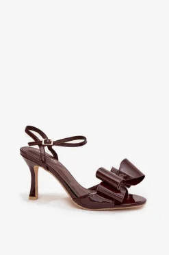 New Boto Lakierowane Sandały Na Szpilce Z Kokardą Czekoladowe Noliva Brązowy