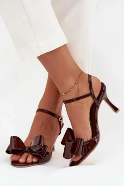 New Boto Lakierowane Sandały Na Szpilce Z Kokardą Czekoladowe Noliva Brązowy