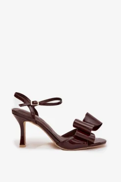 New Boto Lakierowane Sandały Na Szpilce Z Kokardą Czekoladowe Noliva Brązowy