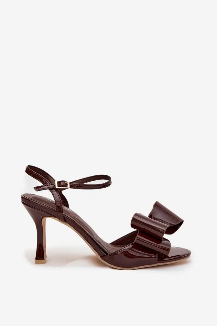 New Boto Lakierowane Sandały Na Szpilce Z Kokardą Czekoladowe Noliva Brązowy