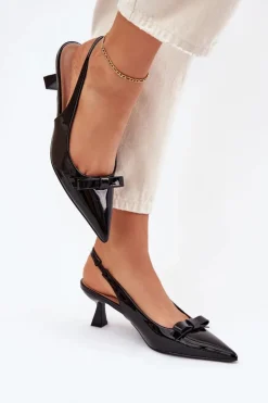 Damskie Boto Lakierowane Sandały Na Szpilce Z Kokardką Czarne Naylna