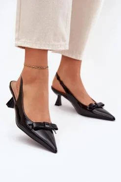 Damskie Boto Lakierowane Sandały Na Szpilce Z Kokardką Czarne Naylna