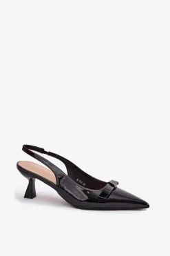 Damskie Boto Lakierowane Sandały Na Szpilce Z Kokardką Czarne Naylna