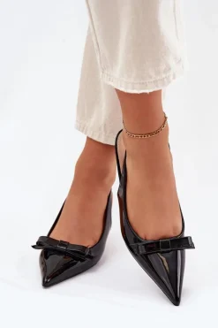 Damskie Boto Lakierowane Sandały Na Szpilce Z Kokardką Czarne Naylna