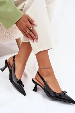 Damskie Boto Lakierowane Sandały Na Szpilce Z Kokardką Czarne Naylna