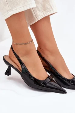 Damskie Boto Lakierowane Sandały Na Szpilce Z Kokardką Czarne Naylna