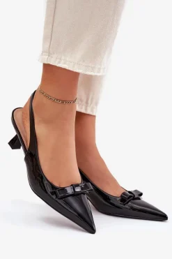 Damskie Boto Lakierowane Sandały Na Szpilce Z Kokardką Czarne Naylna