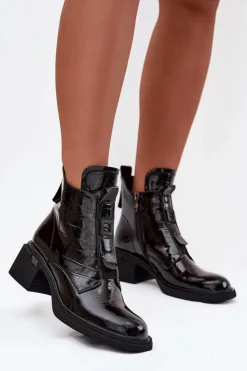 Best Boto Lakierowane Skórzane Botki Damskie Z Tłoczeniem Na Klocku Czarne Lorenza