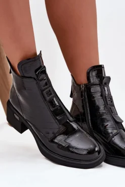 Best Boto Lakierowane Skórzane Botki Damskie Z Tłoczeniem Na Klocku Czarne Lorenza