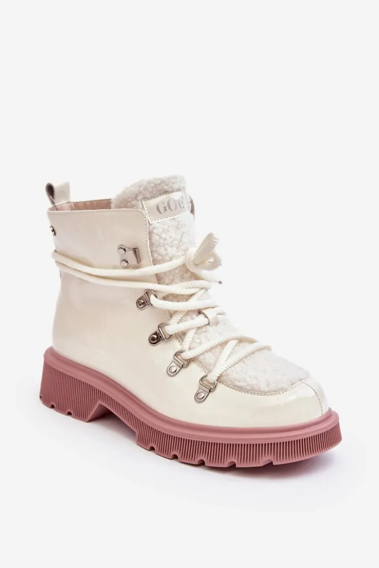GOE Botki Ocieplane|Damskie Trapery*Lakierowane Skórzane Botki Trapery Damskie MM2N4083 Białe Biały