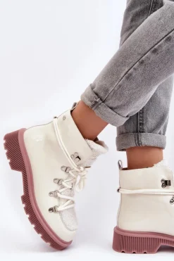 GOE Botki Ocieplane|Damskie Trapery*Lakierowane Skórzane Botki Trapery Damskie MM2N4083 Białe Biały