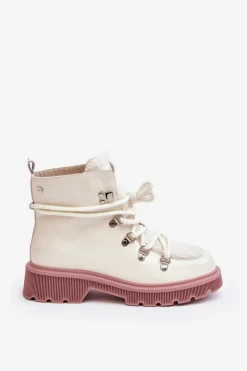 GOE Botki Ocieplane|Damskie Trapery*Lakierowane Skórzane Botki Trapery Damskie MM2N4083 Białe Biały