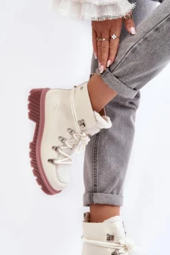 GOE Botki Ocieplane|Damskie Trapery*Lakierowane Skórzane Botki Trapery Damskie MM2N4083 Białe Biały