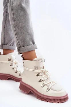GOE Botki Ocieplane|Damskie Trapery*Lakierowane Skórzane Botki Trapery Damskie MM2N4083 Białe Biały