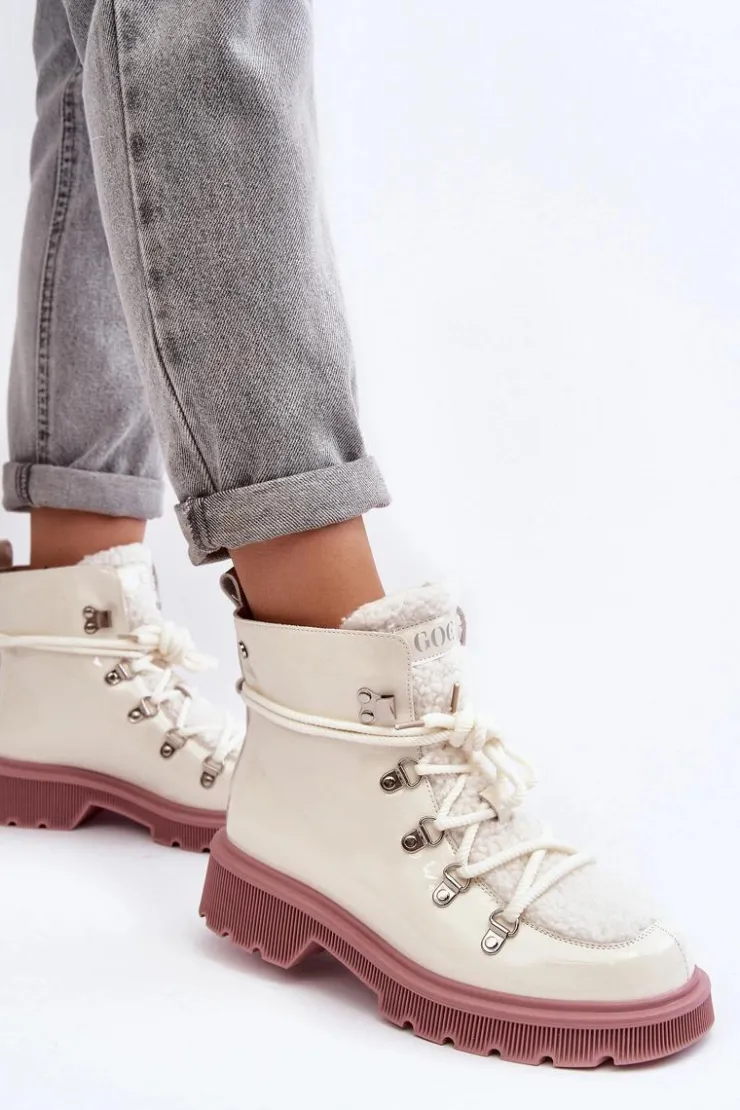 GOE Botki Ocieplane|Damskie Trapery*Lakierowane Skórzane Botki Trapery Damskie MM2N4083 Białe Biały