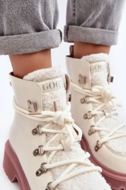 GOE Botki Ocieplane|Damskie Trapery*Lakierowane Skórzane Botki Trapery Damskie MM2N4083 Białe Biały