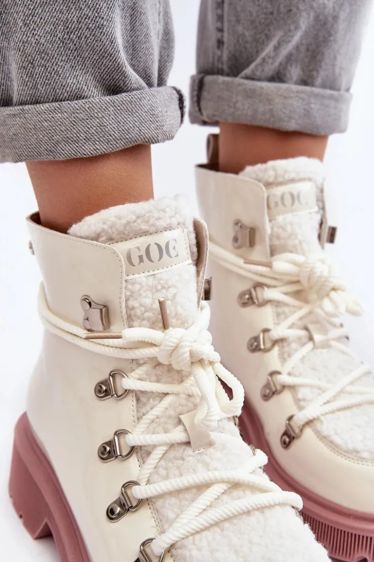 GOE Botki Ocieplane|Damskie Trapery*Lakierowane Skórzane Botki Trapery Damskie MM2N4083 Białe Biały