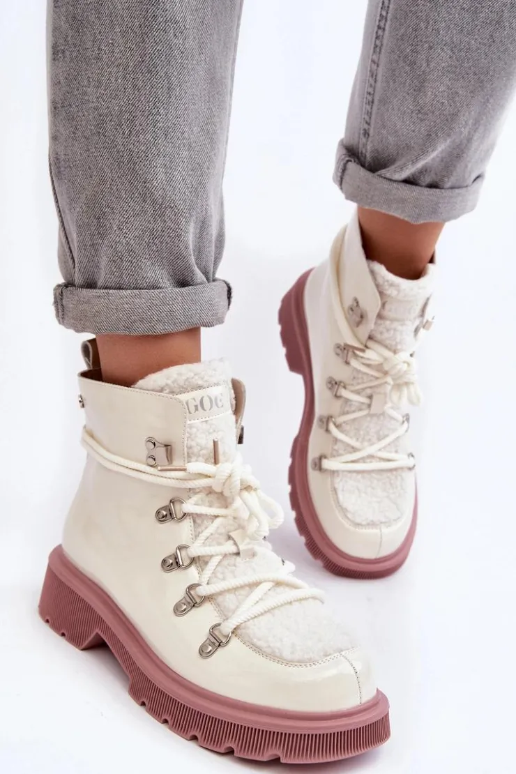 GOE Botki Ocieplane|Damskie Trapery*Lakierowane Skórzane Botki Trapery Damskie MM2N4083 Białe Biały
