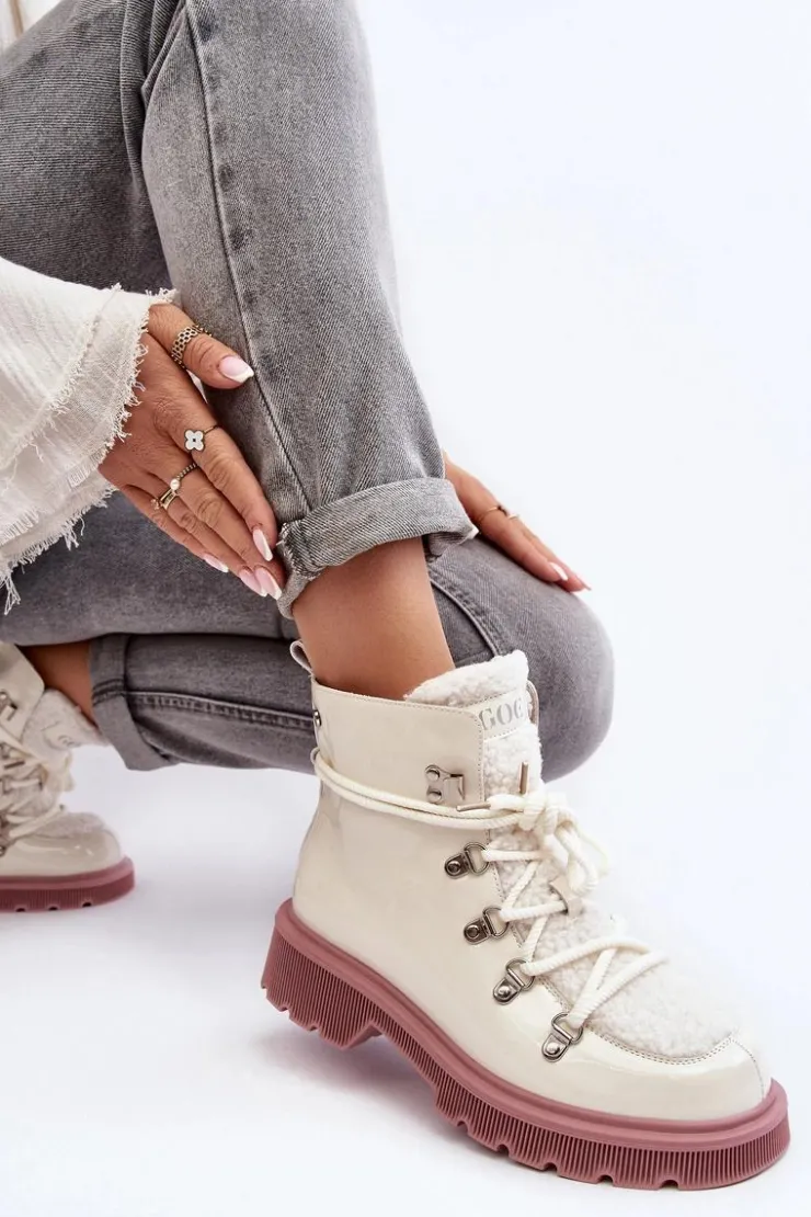 GOE Botki Ocieplane|Damskie Trapery*Lakierowane Skórzane Botki Trapery Damskie MM2N4083 Białe Biały